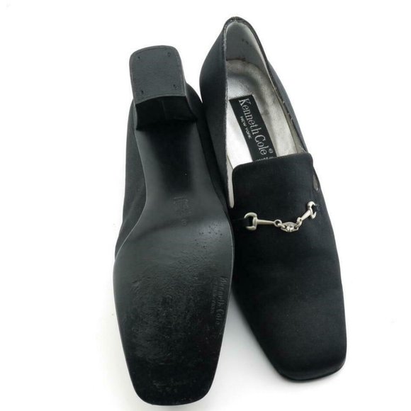 Worn Once Black KENNETH COLE Fabric Pumps Chunky Heels 8 SPAIN Horsebit Buckle - Picture 4 of 4